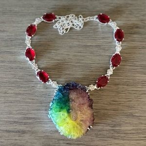 0600 Handcrafted Necklace with Red and Multicolor Gemstones Statement Jewelry